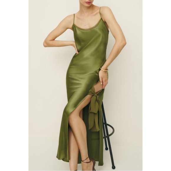 Reformation Malorie Silk Leaf Green Thigh Tie Maxi Dress Size 12 - Picture 4 of 12